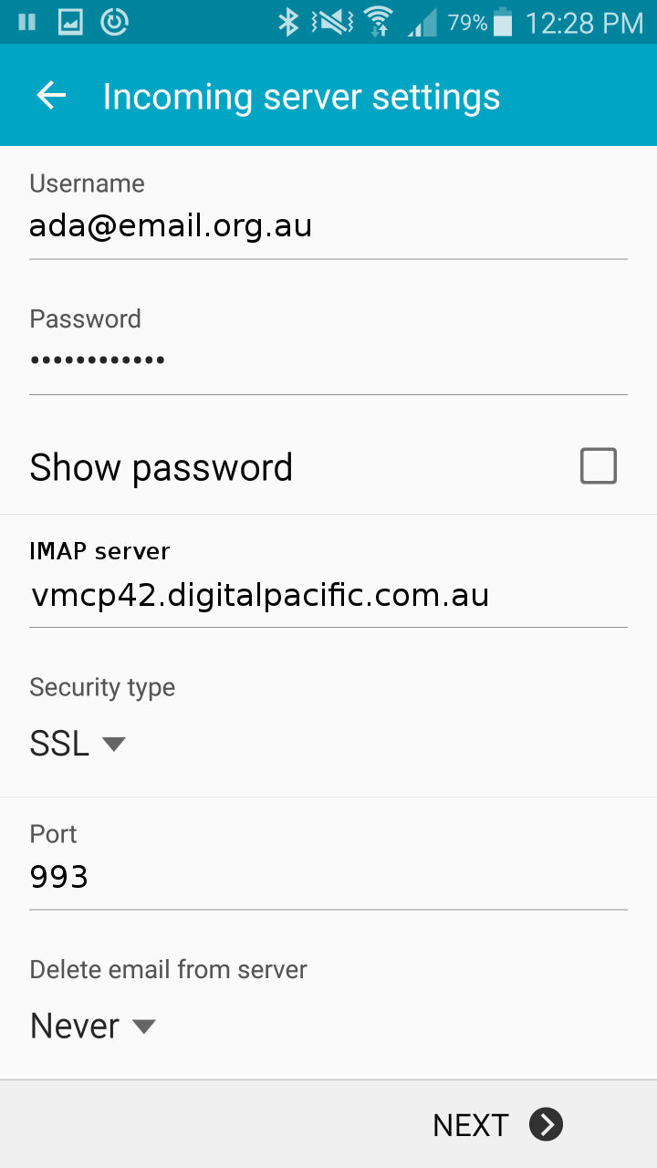 Incoming server settings screen